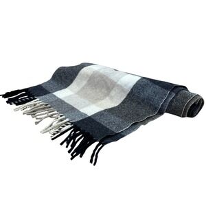 Amicale 100% Cashmere Rectangular Scarf 48x12 Gray Brown Plaid Fringe Soft Warm